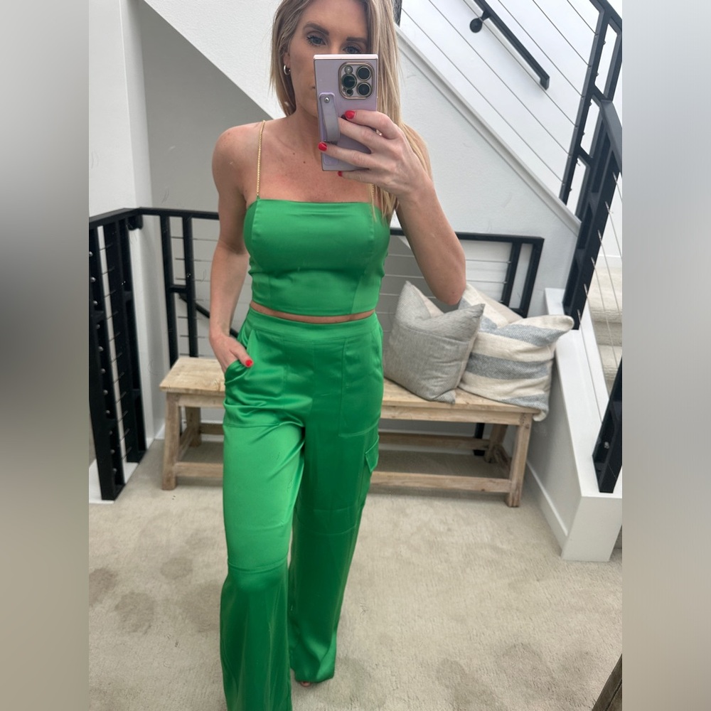 House of Harlow 1960 Green Satin Crop Top & Wide-Leg Pant Set | NWT XS - Picture 3 of 17